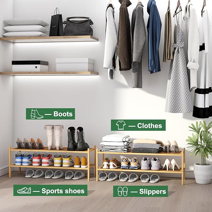 Long Shoe Rack, 2-Tier Bamboo Wood Shoe Rack, Stackable for Closet, Entryway & Hallway