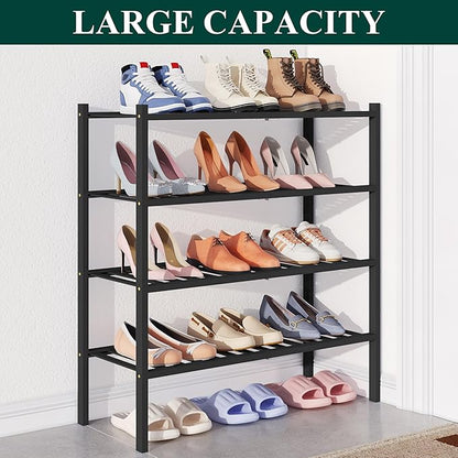 Smiry Bamboo Shoe Rack for Closet, 4 Tier Wooden Stackable Shoe Organizer, Free Standing Shoes Storage Shelf for Entryway, Front Door Entrance, Black