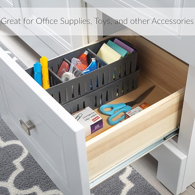 Simplify 4 Compartment Stackable Bin with Adjustable Dividers | Drawer Organizer | Storage Basket | Good for Office | Desk Supplies | Dorm |Bathroom | Accessories | Make Up | Grey