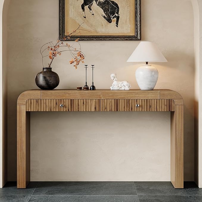 54.3" Rustic Console Table with Fluted Drawer Front,Entryway Table with Curved Corners & Thick Legs,Sturdy Sofa Table for Hallway & Living Room,Natural