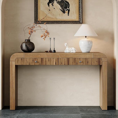 54.3" Rustic Console Table with Fluted Drawer Front,Entryway Table with Curved Corners & Thick Legs,Sturdy Sofa Table for Hallway & Living Room,Natural
