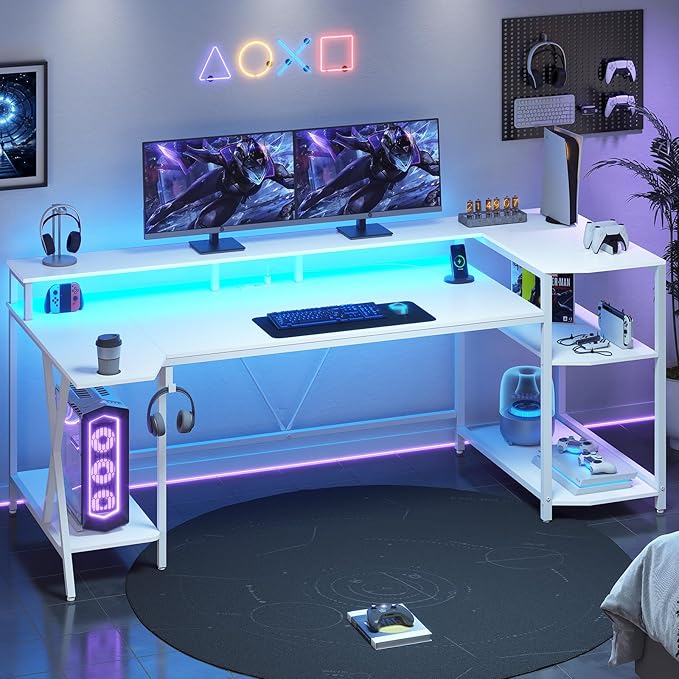 SEDETA White Gaming Desk 70.8'' with LED Lights and Storage Shelves, Computer Desk with Monitor Stand, Power Outlets and Cup Holder, Large PC Gamer Desk, Gaming Table for Bedroom, Living Room