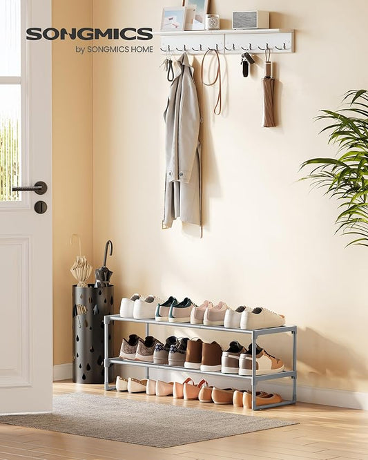 SONGMICS Shoe Rack, 2-Tier Shoe Organizer, Metal Storage Shelf, Upright or Upside Down, for 12-15 Pairs, Stackable, for Entryway, 11.8 x 36.2 x 14.6 Inches, Gray ULSA012G01