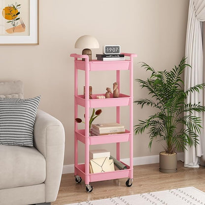 MIOCASA Utility Rolling Cart with Detachable Tray Top, 4-Tier Kitchen Storage Organization, Art Cart with Wheels for Office, Classroom, Livingroom, Kitchen, Bathroom (Pink, 4-Tier-Plastic)
