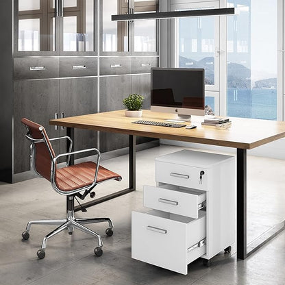 Modern Design Lazio White File Cabinet, Filing Cabinets for Home Office, Drawers for Under Desk, Locking 3 Drawer Rolling Wood File Cabinet with Lock, by Crafts and Comfort