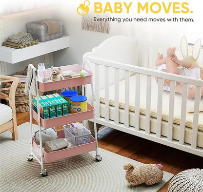 Sekey 3 Tier Rolling Cart Metal, Easy Install Utility Cart on Wheels, Heavy Duty Storage Cart with Lockable Wheels for Baby Nursery, Bathroom, Kitchen, Laundry Room, Pink