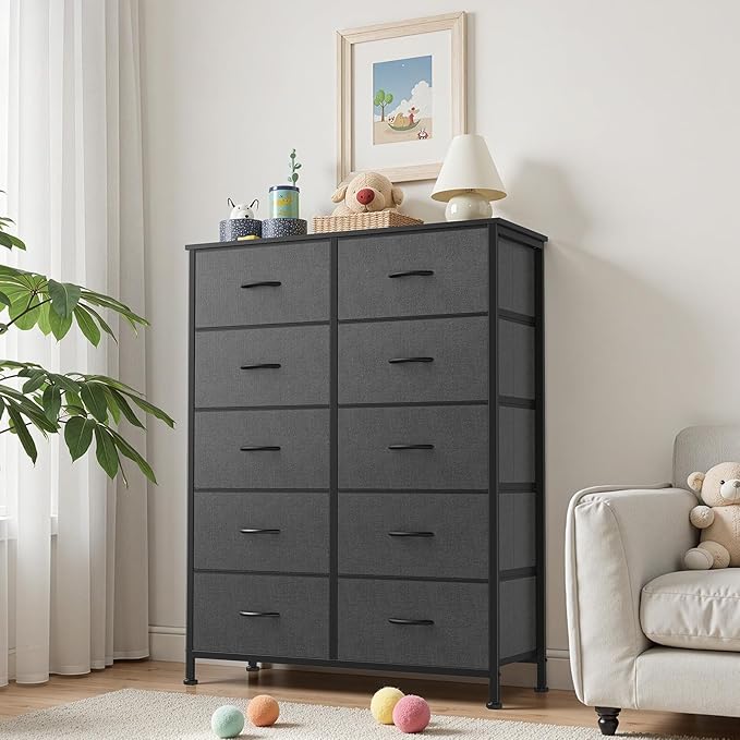 Sweetcrispy 10 Drawer Fabric Dresser Storage Tower with Bins, Tall Chest Organizer for Bedroom Closet Hallway, Steel Frame Wood Top Easy Pull Handles,Dark Gray