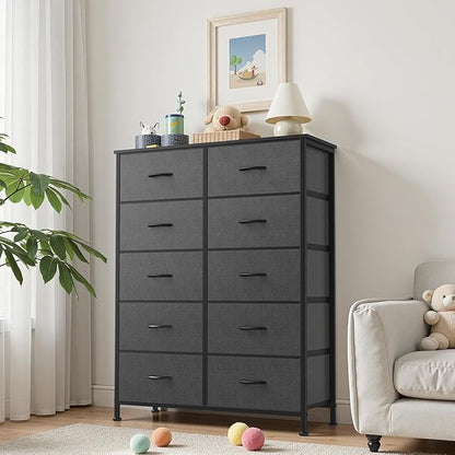 Sweetcrispy 10 Drawer Fabric Dresser Storage Tower with Bins, Tall Chest Organizer for Bedroom Closet Hallway, Steel Frame Wood Top Easy Pull Handles,Dark Gray