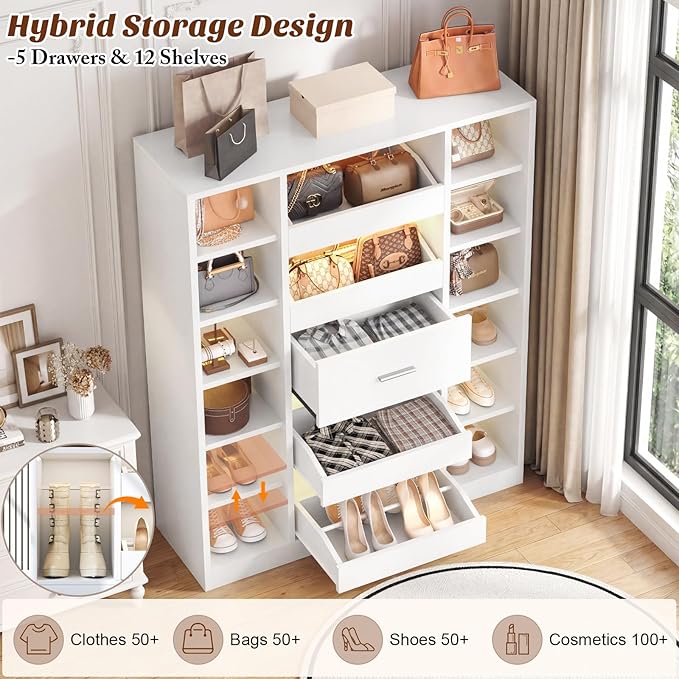 40" Closet System with LED Lights, Wooden Closet Organizer System with 5 Drawers & 12 Shelves, Versatile Closet Storage Tower for Walk-in Closets, Shoe Rack and Handbag Storage Cabinet, White