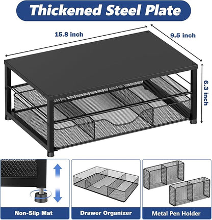 OPNICE Desk Organizer and Accessories, 2-Tier Computer Monitor Stand Riser with Drawer and 2 Pen Holders, Laptop Stand, Office Desk Accessories for Office Supplies, Black 2-Pack