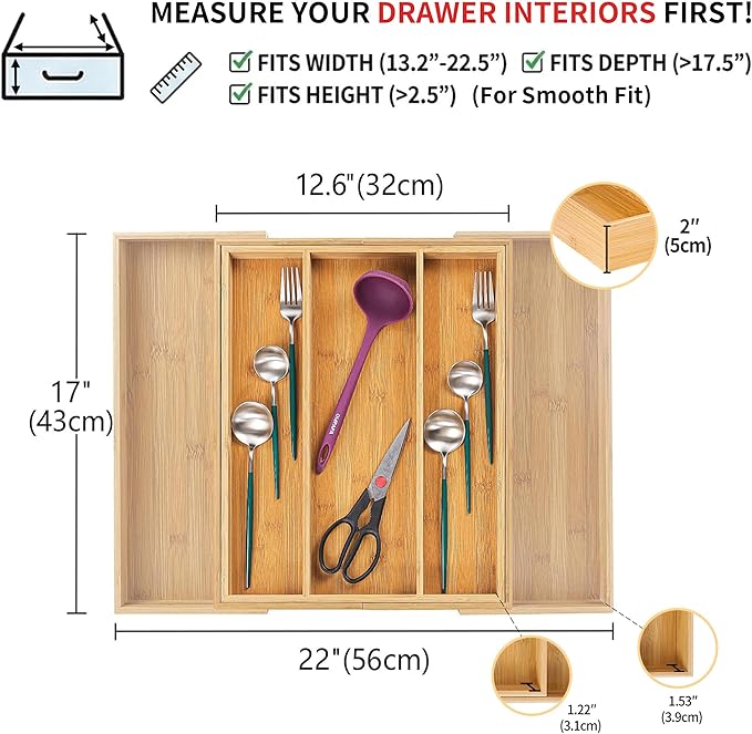 Utoplike Bamboo Expandable Kitchen Drawer Organizer, Adjustable Utensil Holder and Cutlery Tray Organiser, Drawer Divider for Silverware, Flatware, Knives in Kitchen, Bedroom, Living Room, 5 Slot