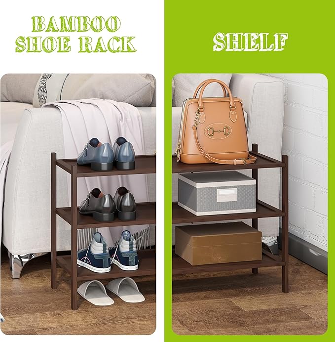 BMOSU 3-Tier Bamboo Shoe Rack Premium Stackable Shoe Shelf Storage Organizer for Hallway Closet Living Room Entryway Organizer(Brown)