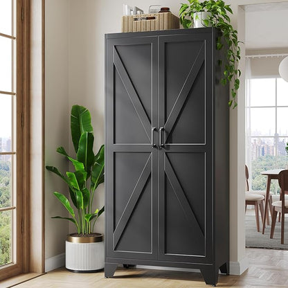 Metal Black Storage Cabinet with 2 Doors and 4 Adjustable Shelves, 75" Tall Kitchen Pantry cabinets, Farmhouse Food Pantry Cabinet,5 Tier Freestanding Barn Door Cupboard for Kitchen Dining/Living Room