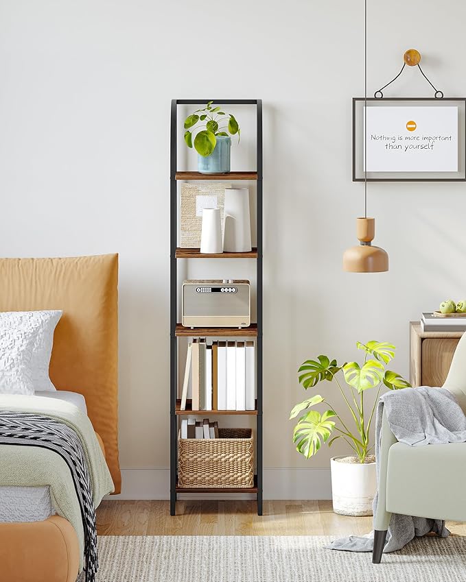 Bookshelf Bookcase Narrow Bookcase Shelf Organizer with Steel Frame for Study Living Room Bedroom Kitchen Home Office Industrial Bookshelf 5-Tier Rustic Brown BC55001B