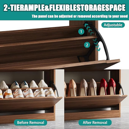 Shoe Storage Cabinet for Entryway with 3 Flip Drawers, Sturdy Wood Hidden Shoe Storage, Freestanding Narrow Slim Shoe Organizer for Front Door Entrance, Living Room, Hallway, Bedroom, Walnut