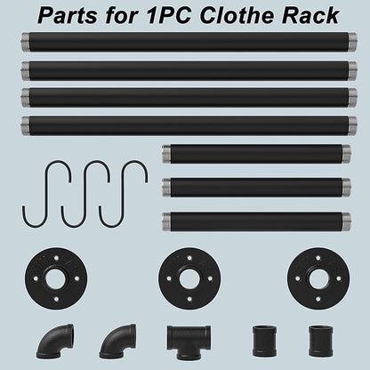 Industrial Pipe Clothes Rack with 3 S-shaped Hooks, 72’'L Wall Mounted Garment Rack, Heavy Duty Iron Garment Bar, Clothes Hanging Rod Bar for Laundry Room, Max Load 135Lb Black (2 Package)