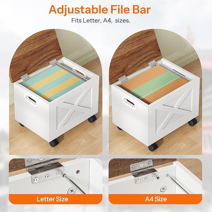 HOOBRO File Cabinet, Under Desk Small Filing Cabinet with Drawer, Rolling File Cart with Lid, Hanging File Organizer on Wheels, Filing Storage Cart, for Study, Home Office, White and Walnut WH33WJ01