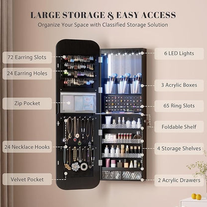 Vlsrka 6 LEDs Mirror Jewelry Cabinet Door Hanging, 47.2" Wall Mounted Jewelry Cabinet, Lockable Full Length Mirror with Storage, Rounded Corner Mirror Jewelry Organizer, 2 Drawers, Black