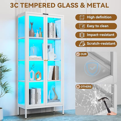 Glass Display Cabinet with Glass Doors, Metal Curio Cabinet with 8-Color LED Lights, 66 Inch Tall Display Case for Collectibles, White Glass Cabinet for Living Room, Assembly Required