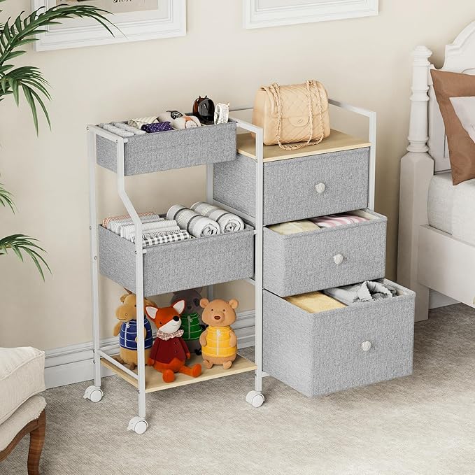 Baby Organizer and Storage - 3 Tier Rolling Cart with Dividers and Drawers, Easy To Assemble, Mobile Utility Cart with Wheels for Nursery, Bedroom, Changing Table & Crib,Light Gray