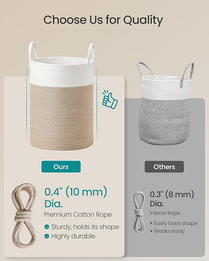 SONGMICS Laundry Hamper, Cotton Rope Laundry Basket with Handles, for Children, Toys, Clothing, Living Room, Bedroom, 15.8 Gallons, 13.8 x 13.8 x 19.7 Inches, White and Grayish Brown URLH061LZ01