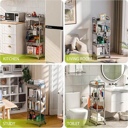 4 Tier Rolling Cart Organizer,Art Craft Diaper Bedside Snack Laundry Room Bathroom Organizer Narrow Thin Slim Rolling Trolley Utility Cart with Wheels for Kitchen,Office(Grey)