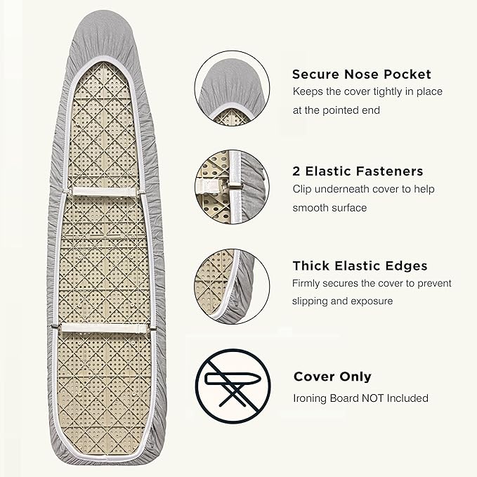 Ironing Board Cover and Pad 18"x49" Extra Thick Natural Cotton, Scorch and Stain Resistant Iron Board Cover, Wide Ironing Board Cover with Fasteners Heavy Duty Heatproof Elastic Edge Gray