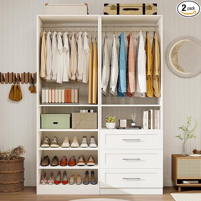 Closet System with Drawers of 2 Sets, 4FT-10FT Walk in Closet Organizers and Storage with Hanging Rods & Adjustable Shelves, Free-Standing Modular Closet Systems, White