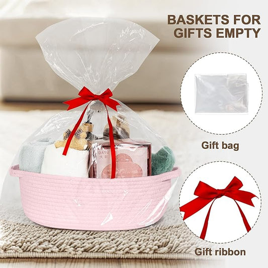 Small Baskets for Gifts Empty, 13"x 9"x 5" Woven Gift Basket with Bag and Ribbon, Cotton Rope Kids Dog Cat Toy Bin Box, Cute Baby Nursery Organizer, Decorative Storage with Handles (Pink)