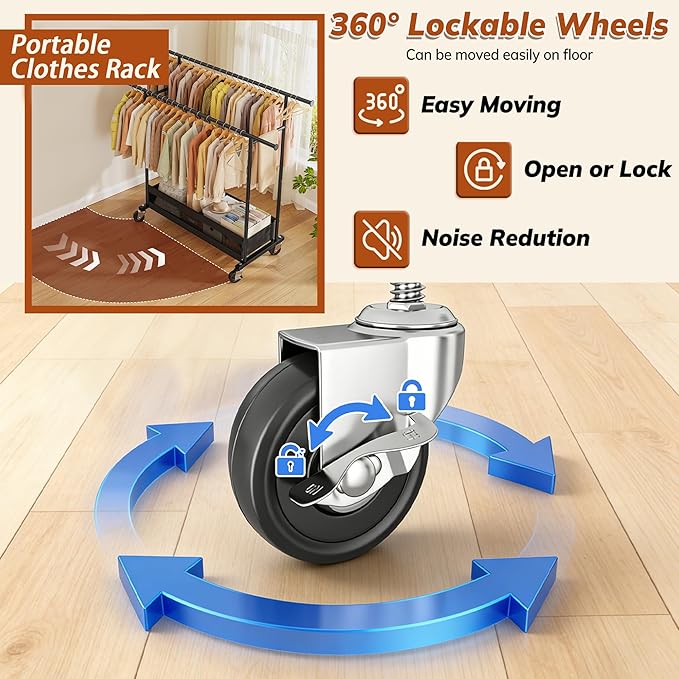 Clothes Rack, Double rods clothing rack, Clothing Racks for hanging clothes, Rolling clothes rack with Storage Basket & Heavy Duty Wheels, garment rack for Bedroom, Laundry Room, Black