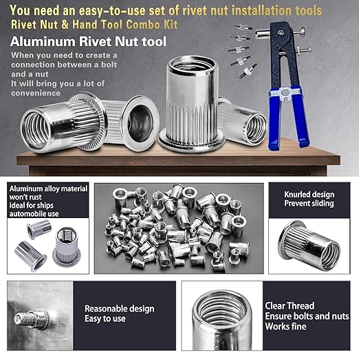 Pressure Rivet Nut Tool Kit Aluminum, 430Pcs Metric Rivet Nut Combination (M8/M6/M5/M4/M3), Suitable for Furniture, Decoration, Automotive, Marine and Industrial Applications