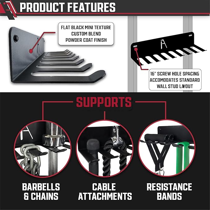 IRON AMERICAN USA Omega Beast Gym Storage Rack 11-Hook Heavy-Duty Gym Wall Organizer Gym Caddy Hanger - Gym Accessory Storage - Resistance Bands, Jump Ropes, Barbells, Lifting Belts, Cable Attachments - 4pk