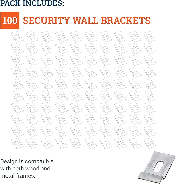 PHS Picture Hanging Security Brackets - 100 Pack - Anti Theft Hangers Earthquake Proof Hardware Kit with Hanging Tool for Picture Frame Brackets Wall Mount