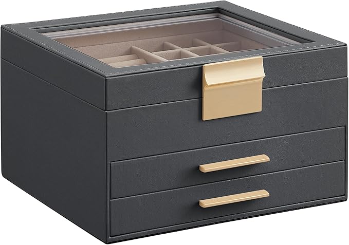 SONGMICS GISELLA Collection - Jewelry Box Organizer, 3-Layer Jewelry Storage with 2 Drawers, Shiny Metal Hardware, Glass Lid, Modern, 8 x 9.1 x 5.3 Inches, Gray and Gold Color UJBC239G02