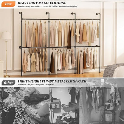 Aheaplus Industrial Pipe Clothing Rack, Reversible 9.85FT Clothes Rack for Hanging Clothes, Heavy Duty Garment Racks, Wall Mounted Closet Wardrobe Racks, Corner L Shaped Walk-in Closet System, Black