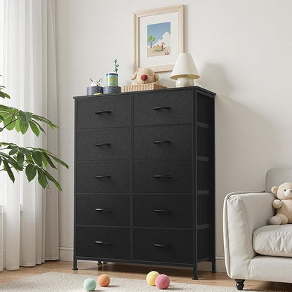 Sweetcrispy 10 Drawer Fabric Dresser Storage Tower with Bins, Tall Chest Organizer for Bedroom Closet Hallway, Steel Frame Wood Top Easy Pull Handles,Black