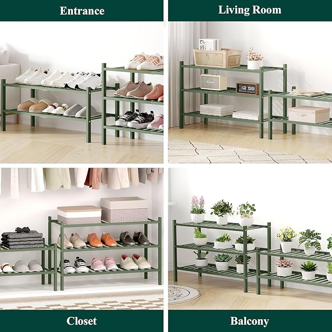 Smiry Bamboo Shoe Rack for Closet, 6 Tier Wooden Stackable Shoe Organizer, Free Standing Shoes Storage Shelf for Entryway, Front Door Entrance, Green