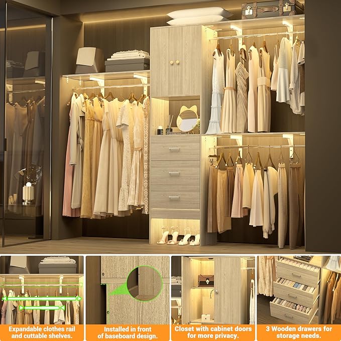 Armocity 96 Inches Closet System with Doors, 8FT Walk In Closet Organizer with 3 Shelving Towers, Heavy Duty Clothes Garment Rack with 3 Wood Drawers, 96"L x 16"W x 80"H, Max Load 1000 LBS, White Oak