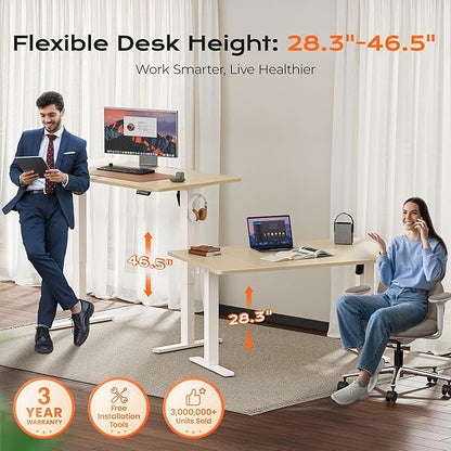 Huuger 55 x 28 Large Electric Standing Desk, Height Adjustable Desk, 27.6" Deep Desktop, Stand up Gaming Computer Office Desk with 2 Hooks, 3 Preset Heights, for Home Office, Maple