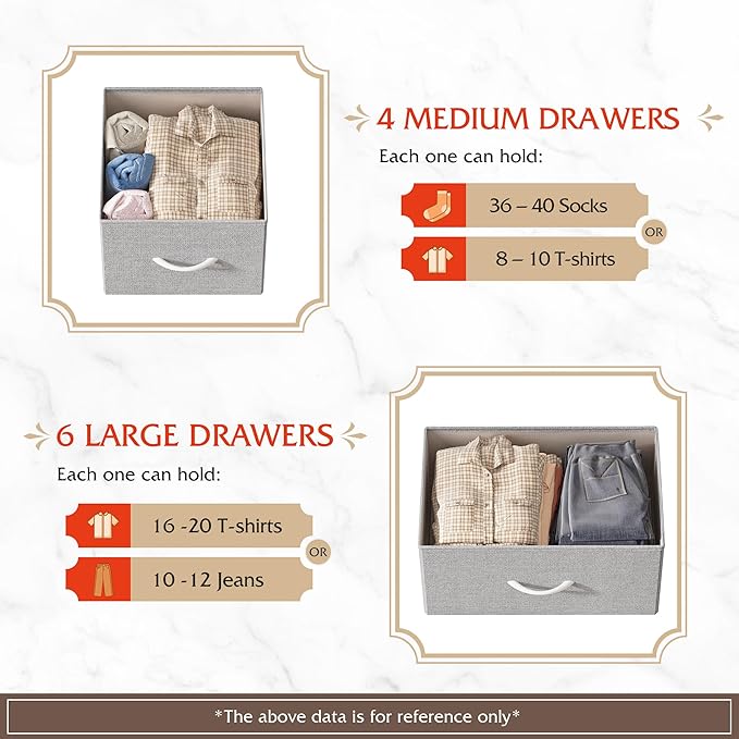 WLIVE Fabric Dresser for Bedroom, Dresser Organizer with 10 Drawers, Storage Tower with Fabric Bins, Double Dressers, Chest of Drawers for Closet, Living Room, Hallway, Light Grey