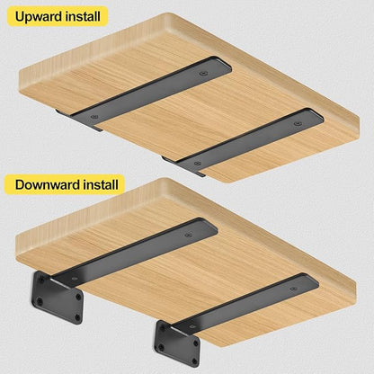 8 Pack - 10 inch Black Hidden L Shelf Bracket (1/5 Inch Thicked) Iron Floating Shelf Brackets Rustic Industrial Metal Brackets for Shelf Support