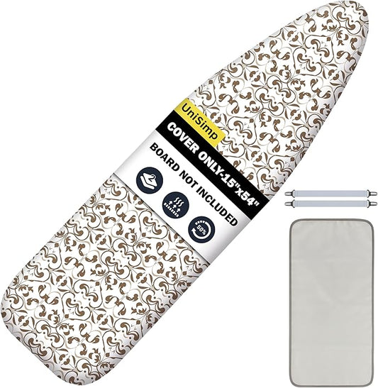 Ironing Board Cover and Pad 15"x54" Extra Thick Natural Cotton, Scorch and Stain Resistant Padding, Standard Size Iron Board Cover with Fasteners Heavy Duty Elastic Edge, Heatproof Taupe