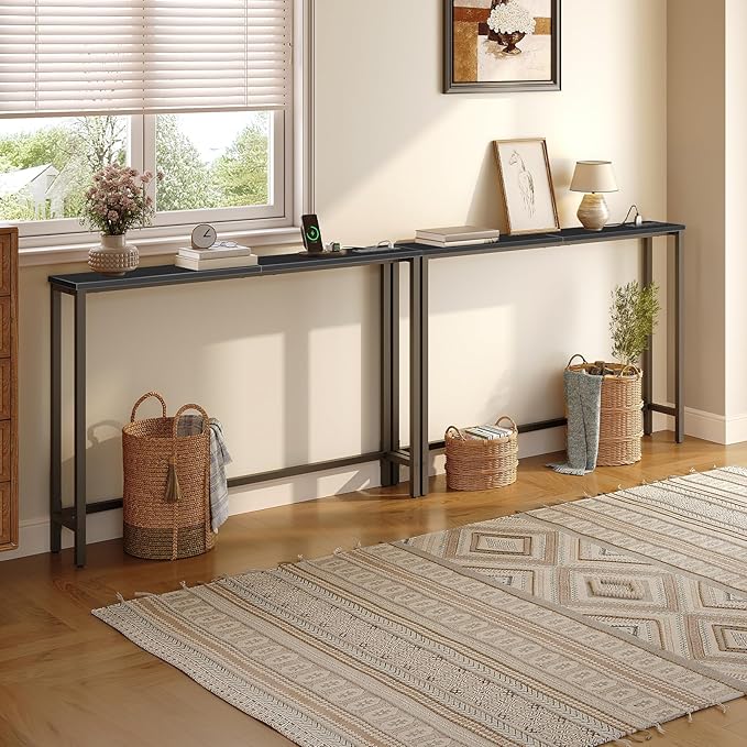HOOBRO 2 Pack 47.2" Narrow Console Table with Power Outlets, 5.9" Behind Couch Table with Charging Station, Extra Long Sofa Table, Skinny Entryway Table for Living Room, Hallway, Black BB15XGP201G1