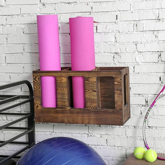 MyGift Wall Mounted Vintage Gray Solid Wood Yoga Mat Holder Fitness Gym Foam Roller Storage Organizer, Floor Standing Sports Exercise Mat Rack