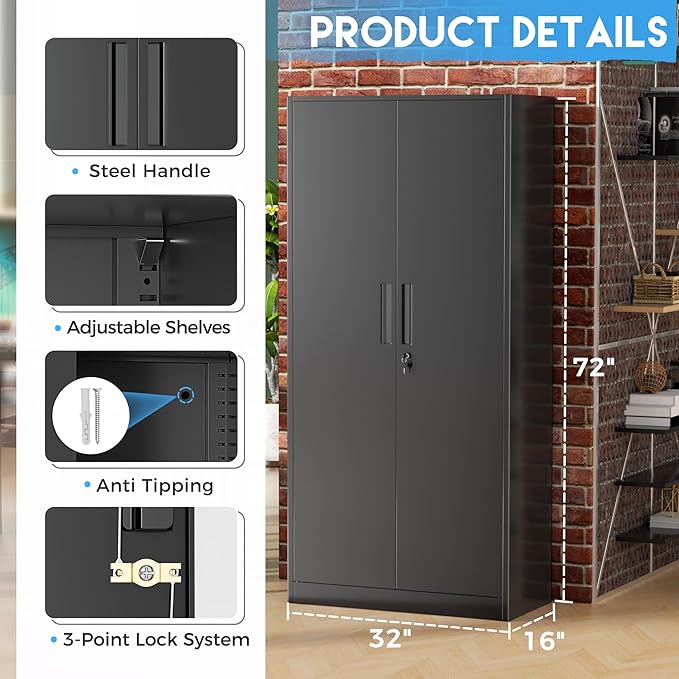 Greenvelly Storage Cabinet, 72” Black Garage Steel Locking Cabinet with Doors and 4 Adjustable Shelves, Tall Lockable File &Tool Cabinet for Home Office, Metal Classroom Cabinet Basement