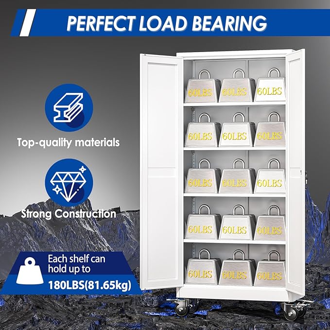 Metal Garage Storage Cabinet with Lock, Steel Tool Cabinet with 2 Door and 4 Adjustable Shelves, 71” Tall Lockable File Cabinet with Wheels, Rolling Cabinet for Home Office Garage Gym - White