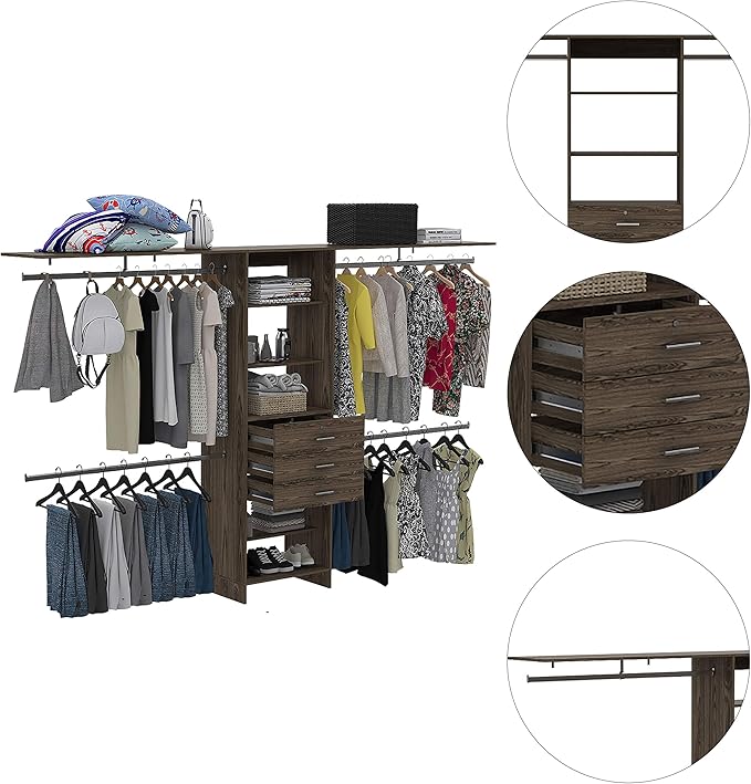 DEPOT E-SHOP Zamora 69"W - 118"W Closet System with Four Hanging Rods, Three Drawers, and Five Shelves, Dark Walnut, Bedroom