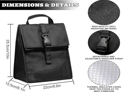 Insulated Foldable Lunch Bag- Lightweight Portable with Adjustable Shoulder Strap Lunch Box for Men, Women, Office, Work, Picnic, Hiking and Beach (Black(Soft Fabric))