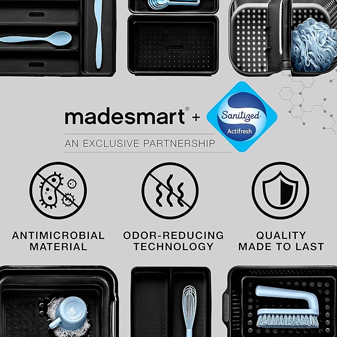 madesmart 3 Compartment Premium Utensil Tray, Multi Purpose Storage Organizer, Non Slip Lining, Deep Storage for Ladles, Whisks & Serving Tools, for Drawers & Home Organization, White
