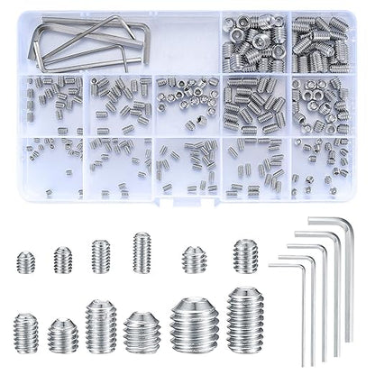 240 Pcs Set Screws Assortment Kit (M3, M4, M5, M6, M8) with Allen Keys–Durable Metric Cup Point 304 Stainless Steel for Bathroom Fixtures, Light Fixture Screws,Door Knobs, Faucets, Plumbing, and More